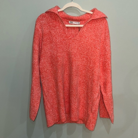 ZARA Sweater Coral Marl Knit Collared V Neck Long Sleeve Women Size M - Picture 2 of 6